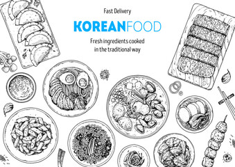 Korean food top view illustration. Hand drawn sketch. Ramen, kimchi, noodles, skewers, tteokbokki. Korean street food, take away menu design. Vector illustration. Black and white. Engraved style.