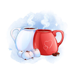 Two mugs with a hot drink. Dessert with white marshmallows and coffee beans. Watercolor background.