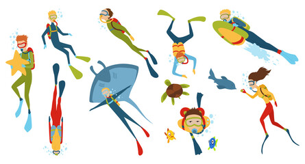 Set of cartoon characters. Underwater divers man and woman with snorkel and mask, illustration.