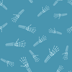Random seamless doodle pattern with white outline bones hands elements. Blue background.