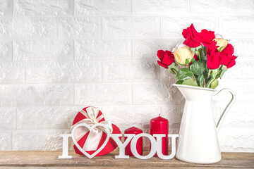 Valentines day greeting card with rose flowers and gift boxes,