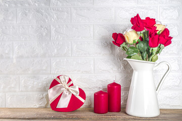 Valentines day greeting card with rose flowers and gift boxes,