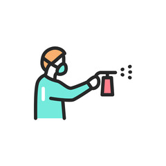 Man hold antiseptic product color line icon. Isolated vector element.