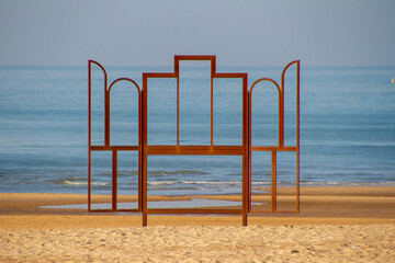 Belgium, Ostend, The Mystic Lamb by Van Eych, Altar, artwork by Kris Martin on the beach in Ostend.