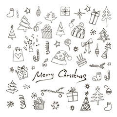 set of hand drawn Christmas icons. decoration in doodle style