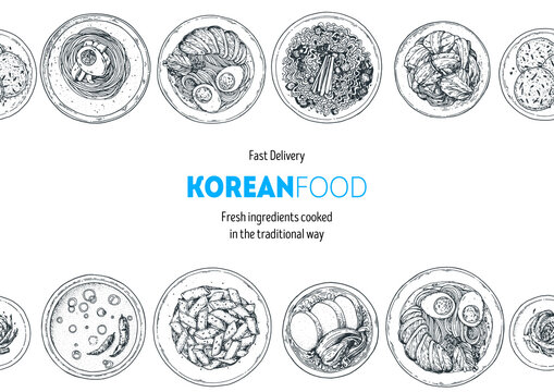 Korean food top view illustration. Hand drawn sketch. Korean street food, take away menu design. Vector illustration.