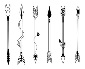 Hand drawn feather arrow, tribal feathers on pointer and decorative boho bow, feather indian arrowhead. Native aztec or hipster tattoo sketch isolated symbols set.