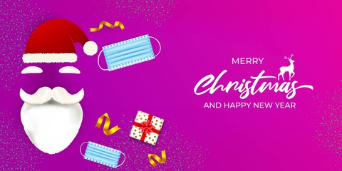Vector illustration of Merry Christmas and Happy New Year concept greeting card with santa claus, face mask, snowflakes, gifts and ribbons, happy holiday wishes.