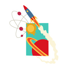 Open book with solar system, space shuttle, planets, stars, saturn, Earth, comet.