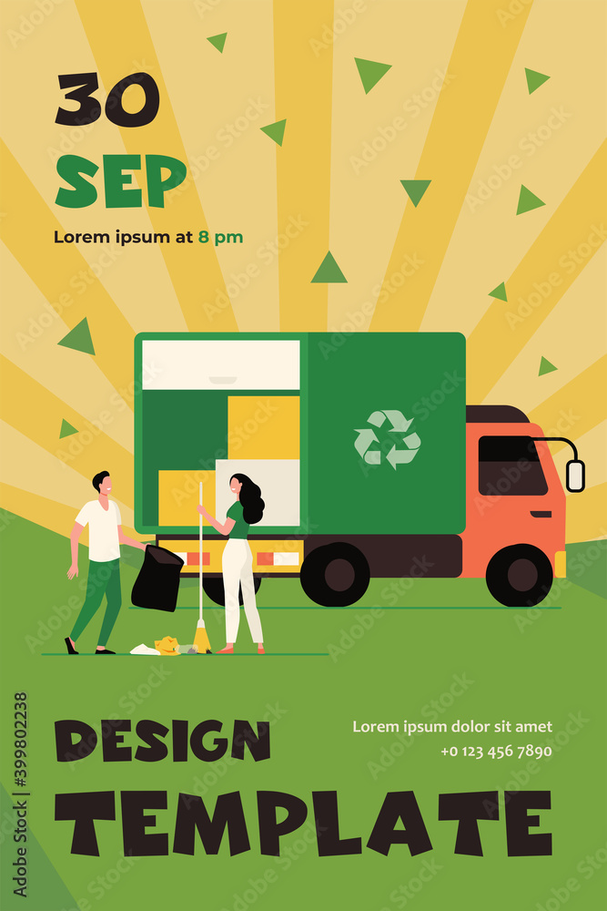 Poster people loading garbage into truck. trash pickup with recycling sign flat vector illustration. garbag