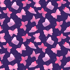 Watercolor seamless pattern with pink butterflies. Hand painted fairy butterfly texture on dark background. Romantic design for Valentine's day, textile, cards, decoration