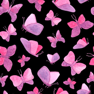 Watercolor seamless pattern with pink butterflies. Hand painted fairy butterfly texture on black background. Romantic design for Valentine's day, textile, cards, decoration
