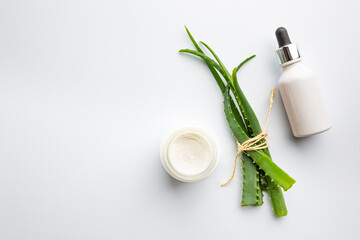 Aloe vera plant and Natural skincare beauty product. Cosmetic bottle and containers on white background