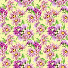 Fototapeta na wymiar Spring floral seamless pattern made of chamomile and geranium buds. Hand drawn watercolor illustration on yellow background 