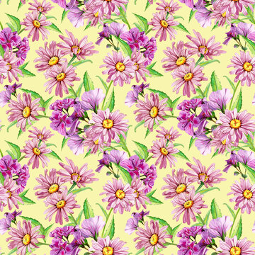 Spring floral seamless pattern made of chamomile and geranium buds. Hand drawn watercolor illustration on yellow background
