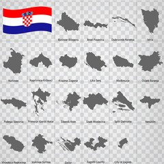 Twenty one Maps Counties of Croatia - alphabetical order with name. Every single map of  County are listed and isolated with wordings and titles. Croatia. EPS 10.