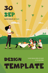 Woman and children having picnic at river. Nature, together, family. Flat vector illustration. Food and family amusement concept can be used for presentations, banner, website design, landing web page