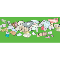Garbage, dump, a set of crumpled bottles, cans, cups. Seamless vector background.