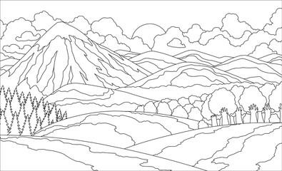 Summer mountain landscape coloring book. Valley illustration.