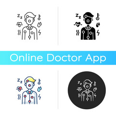 Symptoms icon. High blood pressure reading. Fever determination. Anonymous health checkup. Life-threatening signs. Health indicators. Linear black and RGB color styles. Isolated vector illustrations