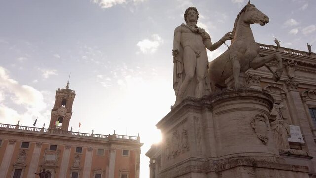 View of the entrance of capitoline hill and capitoline museums located in the city center of Rome, capital of Italy. An equestrian statue of Marcus Aurelius stands at the center of that square.