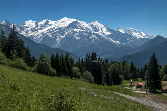 Plateau d' Assy ,Massif du Mont Blanc en &eacute;t&eacute; depuis la R&eacute;serve Naturelle de Passy , Alpes , France