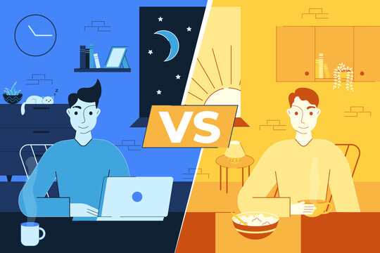 Vector Illustration Of Early Bird Vs Night Owl