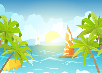 Fototapeta na wymiar Sea beach and sun loungers. Seascape, vacation banner with sailing ships, palms and clouds. Cartoon illustration - .