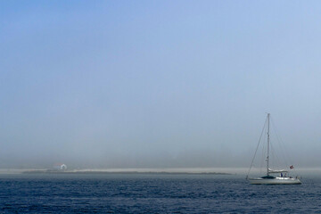 Fototapeta premium Portugal, Sailboat passing in front of an island on the Lima river in Viana do Castelo