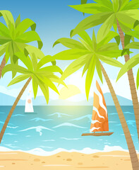 Sea beach and sun loungers. Seascape, vacation banner with sailing ships, palms and clouds. Cartoon illustration - .