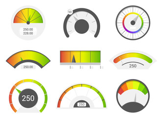 Speedometer icons. Credit score indicators. Speedometer goods gauge rating meter. Level indicator, credit loan scoring manometers set.