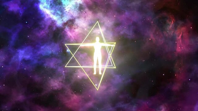 A looped 3D animation of the rotation of two tetrahedrons (Merkaba) inside which is a luminous man. On a space background. The pyramids rotate in opposite directions.