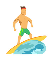 Young man surfboarder riding a surfboard in the wave illustartion.