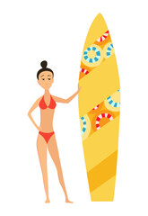 Summer surfing illustration of girl or young woman surfer with color surfboard. Cartoon poster for summer sport activity and sea leisure hobby.