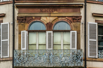 Architectural fragments of traditional houses in Strasbourg. Strasbourg is the capital and principal city of Alsace region in eastern France and is official seat of European Parliament.