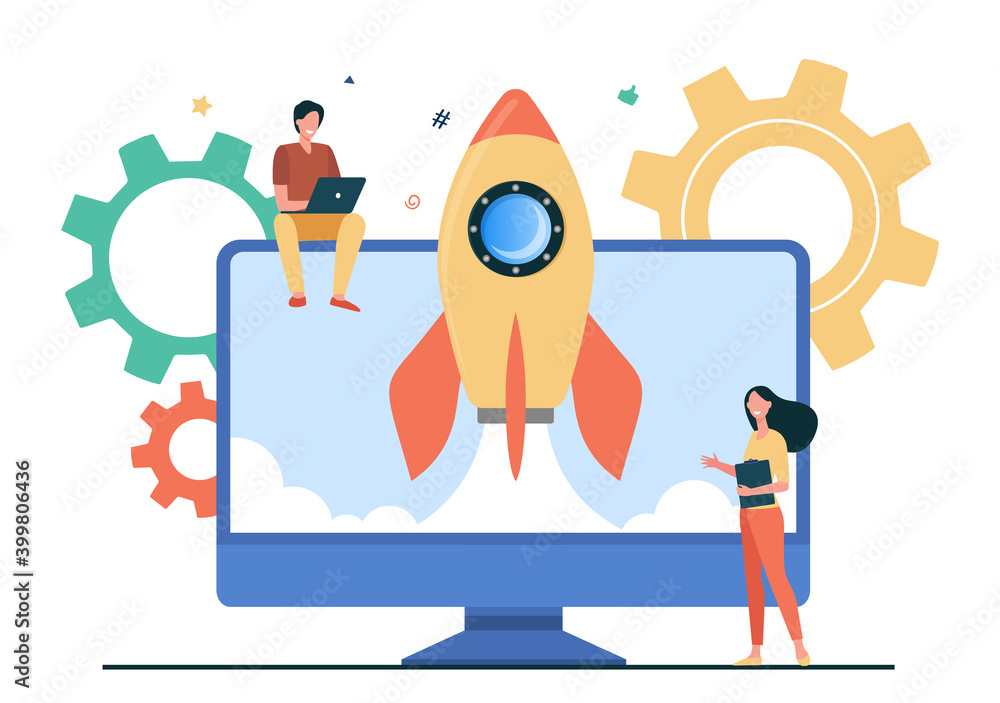 Poster tiny character launching startup rocket. monitor, computer, idea flat vector illustration. business 