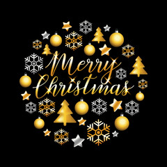 Fototapeta na wymiar Merry Christmas gold glitter lettering design. Christmas greeting card, poster, banner. Vector golden ans silver glittering stars, balls, snow, snowflakes on black background.