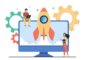 Tiny character launching startup rocket. Monitor, computer, idea flat vector illustration. Business and development concept for banner, website design or landing web page
