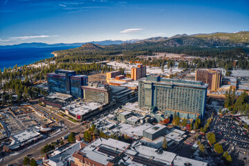 Aerial View of South Lake Tahoe which is on the California Nevada Stateline - obrazy, fototapety, plakaty