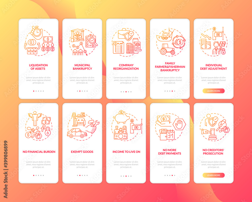 Poster Bankruptcy red onboarding mobile app page screen with concepts. Debtor income. Financial burden during pandemy walkthrough 5 steps graphic instructions. UI vector template with RGB color illustrations