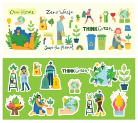 Set of eco save environment stickers pictures. People taking care of planet collage.