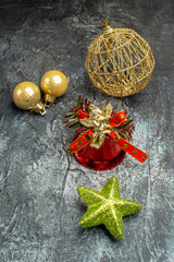 front view christmas tree toys with bell on light-grey background holiday color xmas new year photo