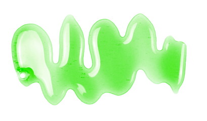 Green dishwashing liquid, detergent puddle isolated on white background, top view