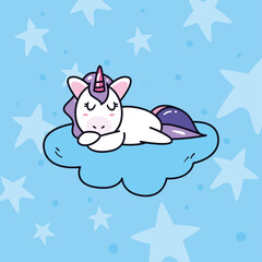 unicorn horse cartoon sleeping on cloud with stars vector design