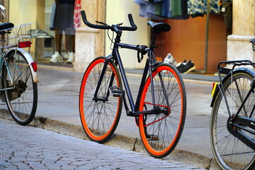 View of the city of Vicenza, Italy.  Bicycle is the popular personal transport for Italian people.