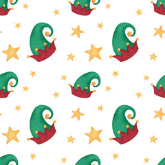 Watercolor Christmas seamless pattern. Hand drawn elf hats and stars