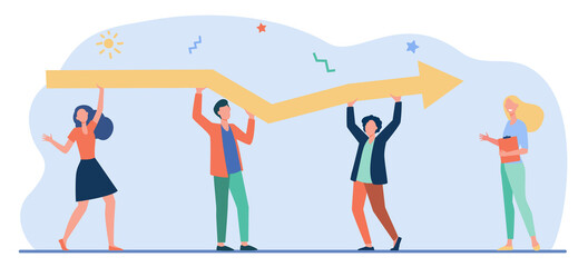 Tiny characters holding huge arrow together. Growth, coworking, help flat vector illustration. Teamwork or achievement concept for banner, website design or landing web page
