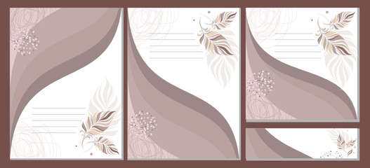 trendy set of creative compositions, cards, backgrounds, feathers, leaves, craft, vintage, beige, leaves, natural, natural, eco