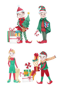 Christmas scene, watercolor illustration with Christmas elves