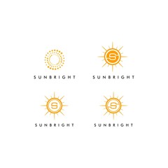 Fototapeta premium Sun logo design with letter s and abstract sunshine symbol bright yellow orange summer illustration vector icon for nature weather sign art and isolated sunny concept